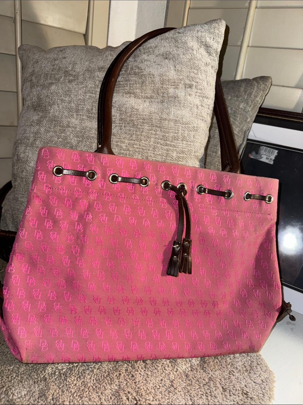 Dooney & Bourke Pink Logo Tote with Brown Handles